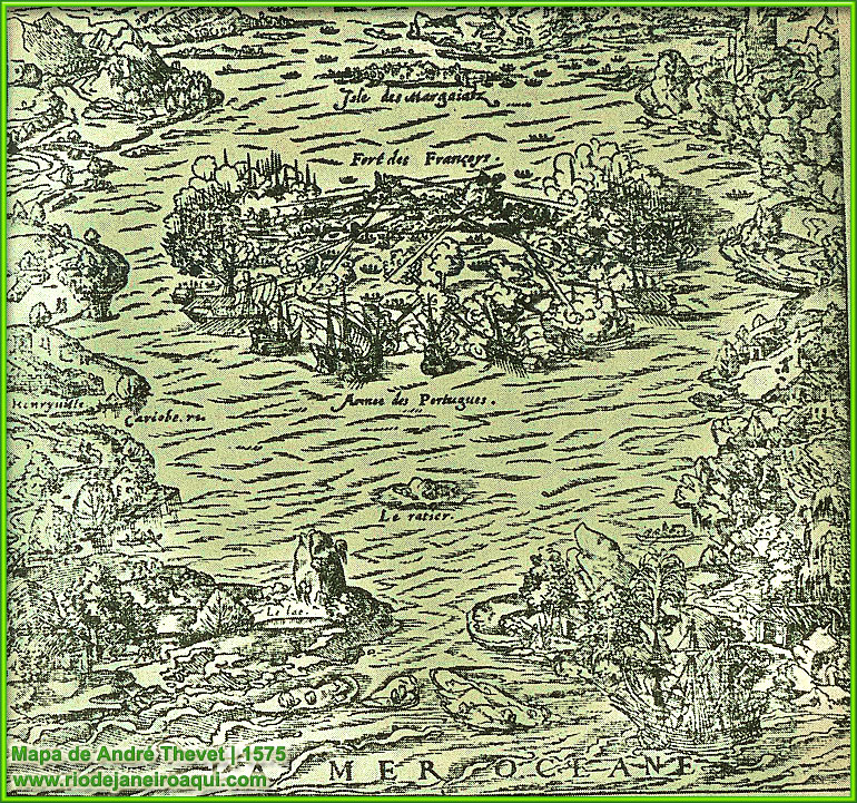 Mapa da Baía de Guanabara feito por André de Thevet, publicado em 1575