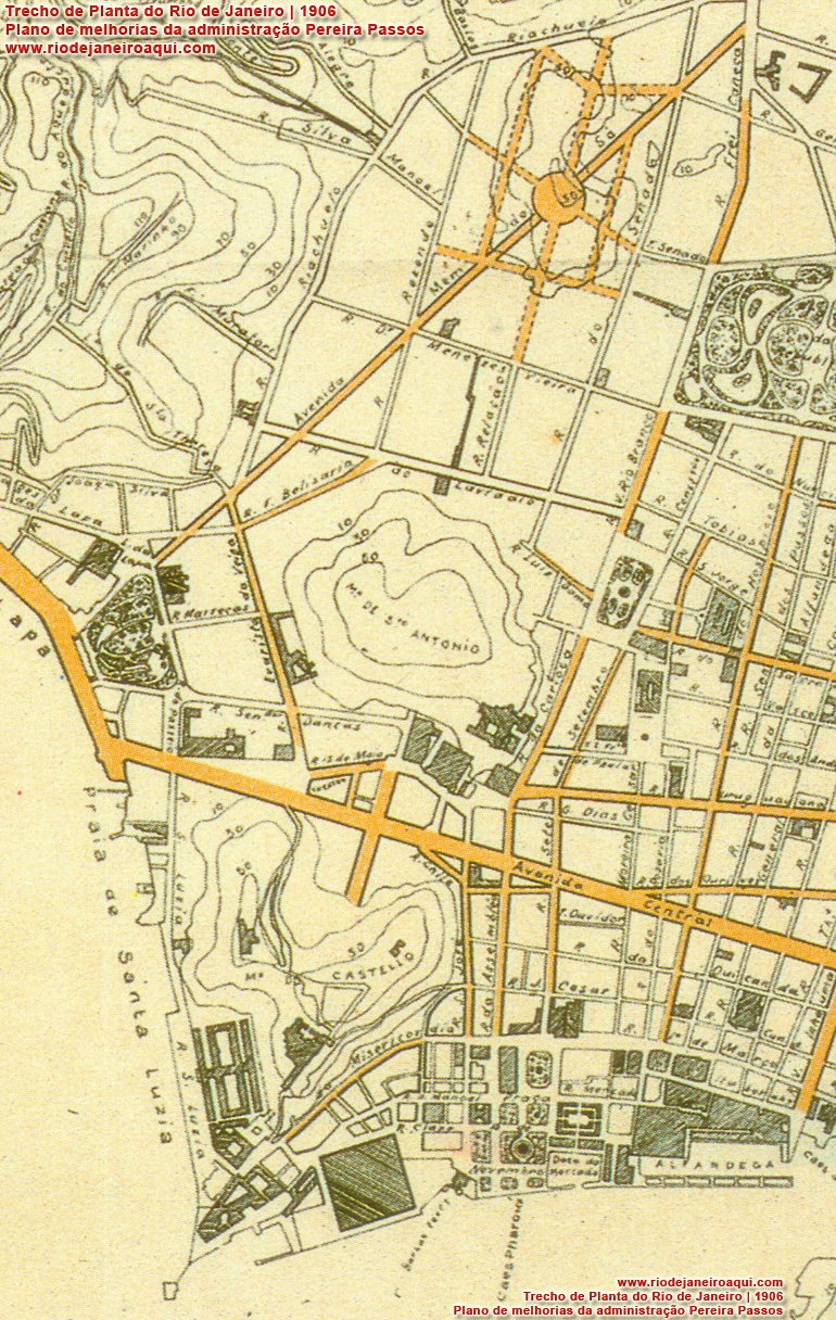 Planta centro do rio em 1906 com morros do Castelo Santo Antonio e Senado